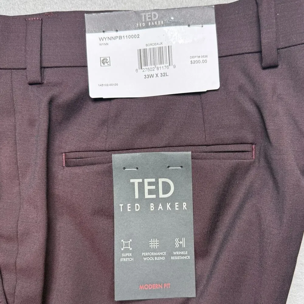 Ted Baker Men's Modern-Fit Stretch Wool-Blend suit pants Red 33x32 $200